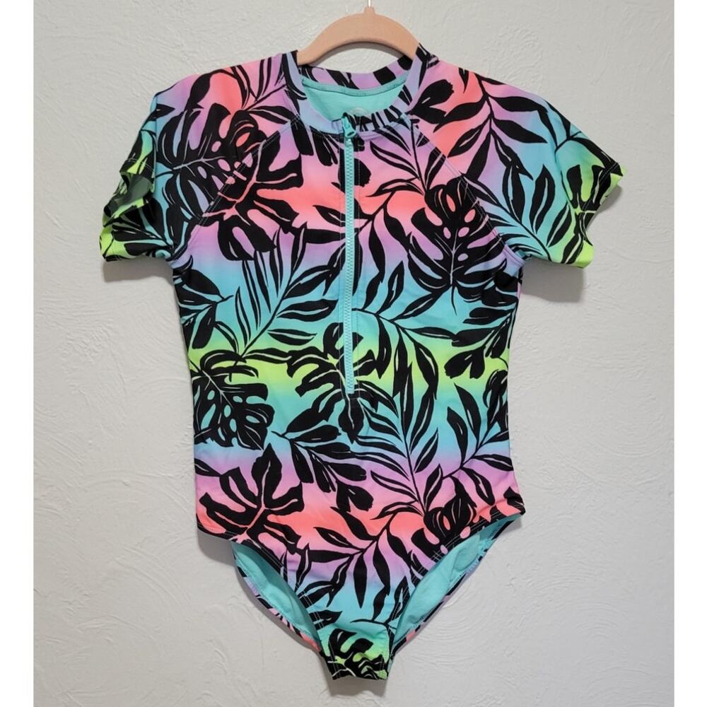 Wonder Nation Girls Short Sleeve Zip-Up Rash Guard One-Piece Swimsuit, UPF 50